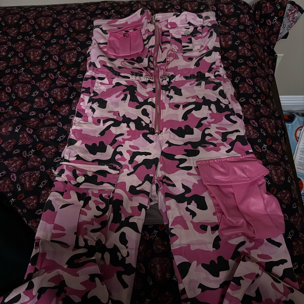 Fashion Nova Pink Camo Cargo Jumpsuit with Utility Pockets